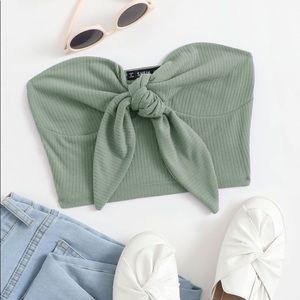 shein tie front rib-knit bustier tube top